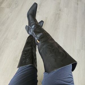 Black Over The Knee Cowboy Boots with Embossed Design